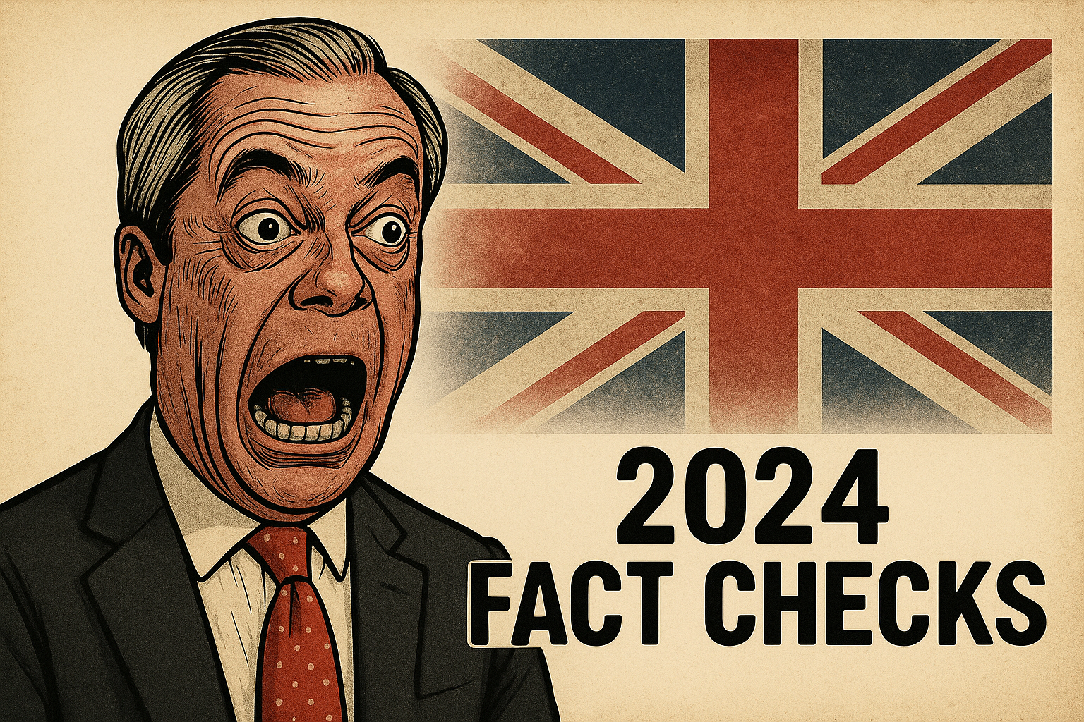 A detailed, vintage comic-style illustration in sepia tones showing the year "2024" above a clipboard labeled "Verified Facts", with stylized elements like a magnifying glass, documents, and truth-vs-lies scales — consistent with Farage Exposed’s investigative theme and design style.