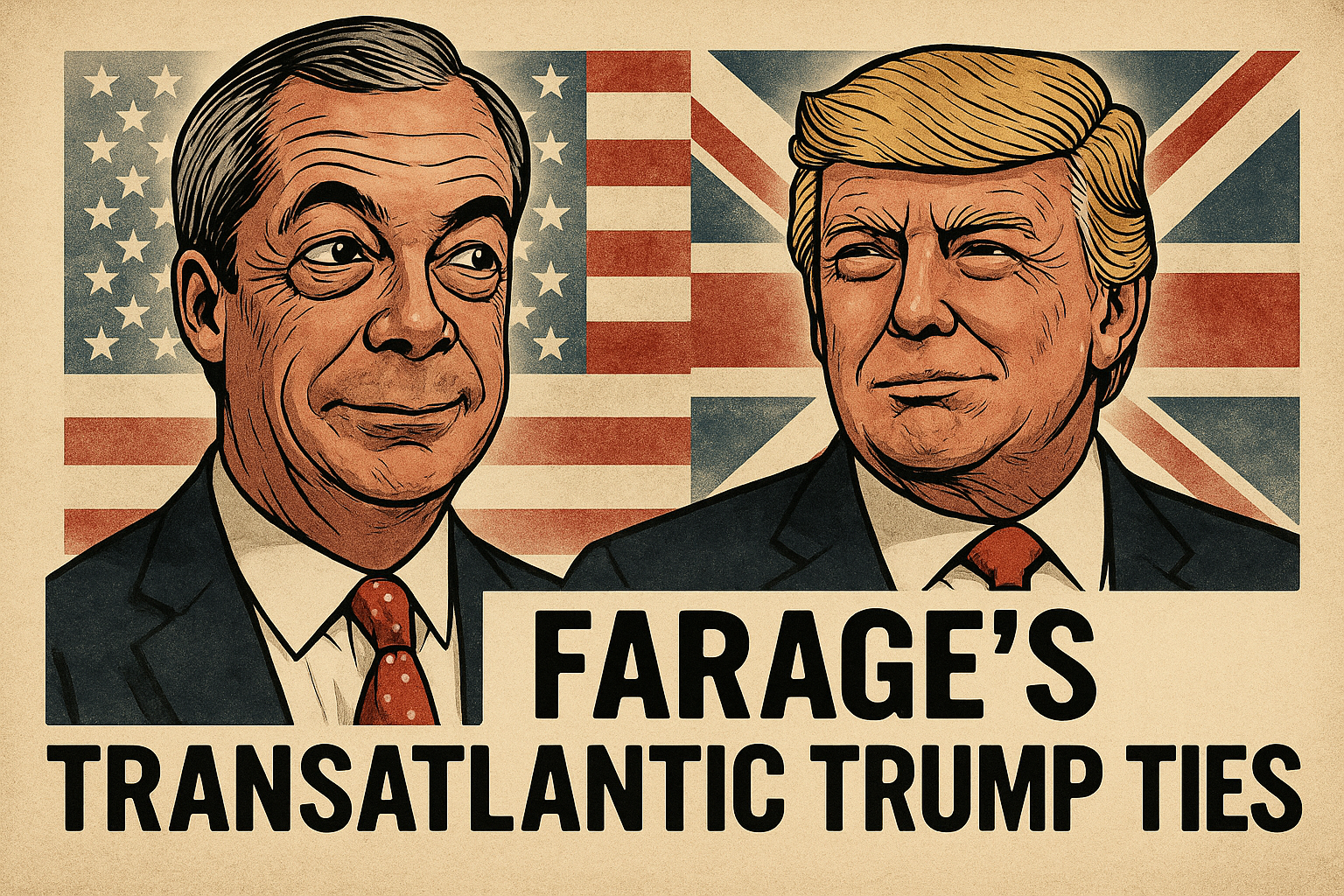 Vintage poster-style illustration showing a symbolic transatlantic connection between the UK and US, featuring stylised UK and US flags, microphones, and bold text reading 'Farage’s Transatlantic Trump Ties'.