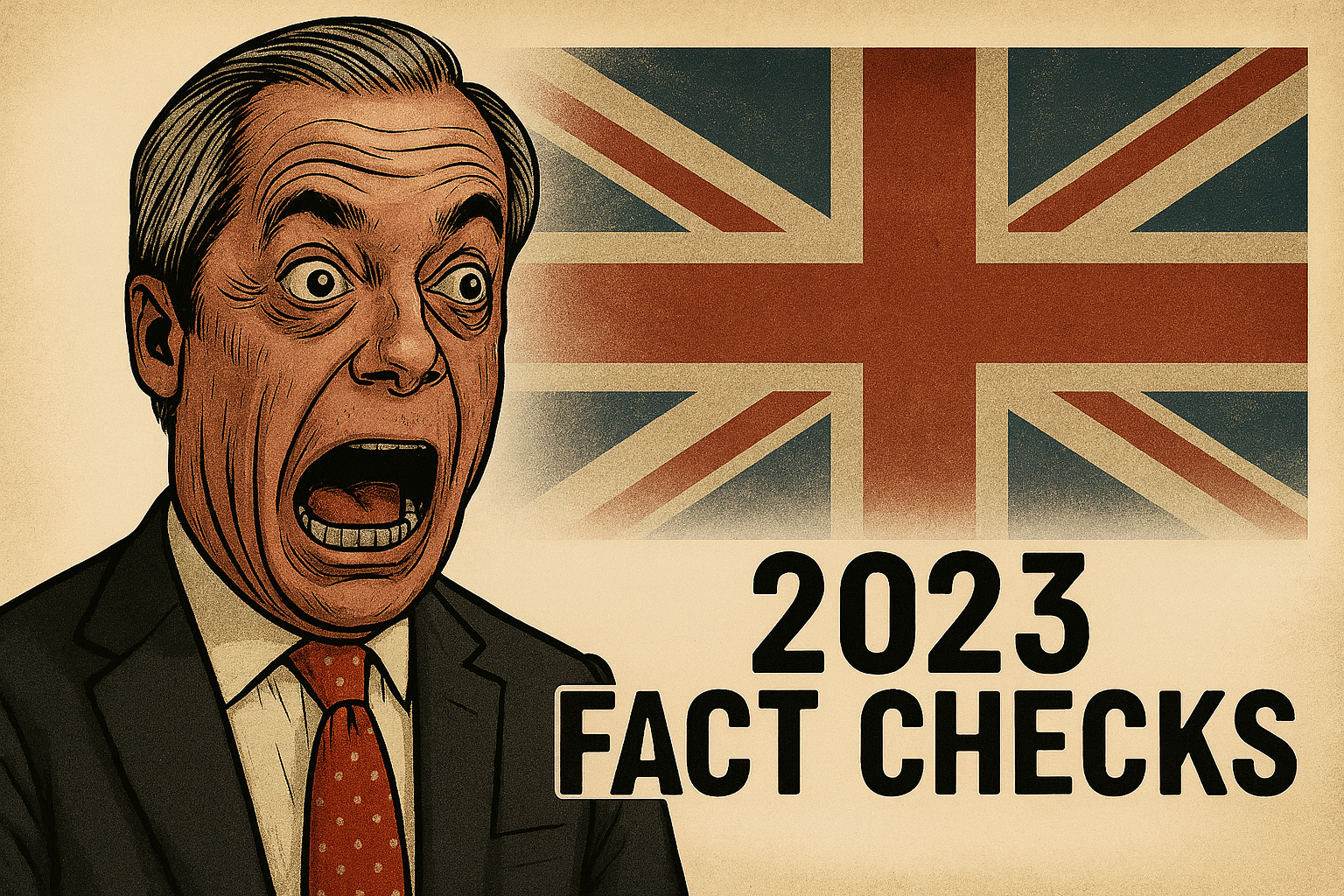 A vintage-style digital illustration featuring a caricature of Nigel Farage with a shocked expression, set against a faded Union Jack background. Bold black stencil text reads "2023 FACT CHECKS" in the lower right. The image mirrors the established 2024 and 2025 designs, maintaining consistency across the Farage Exposed Fact-Checking Hub.