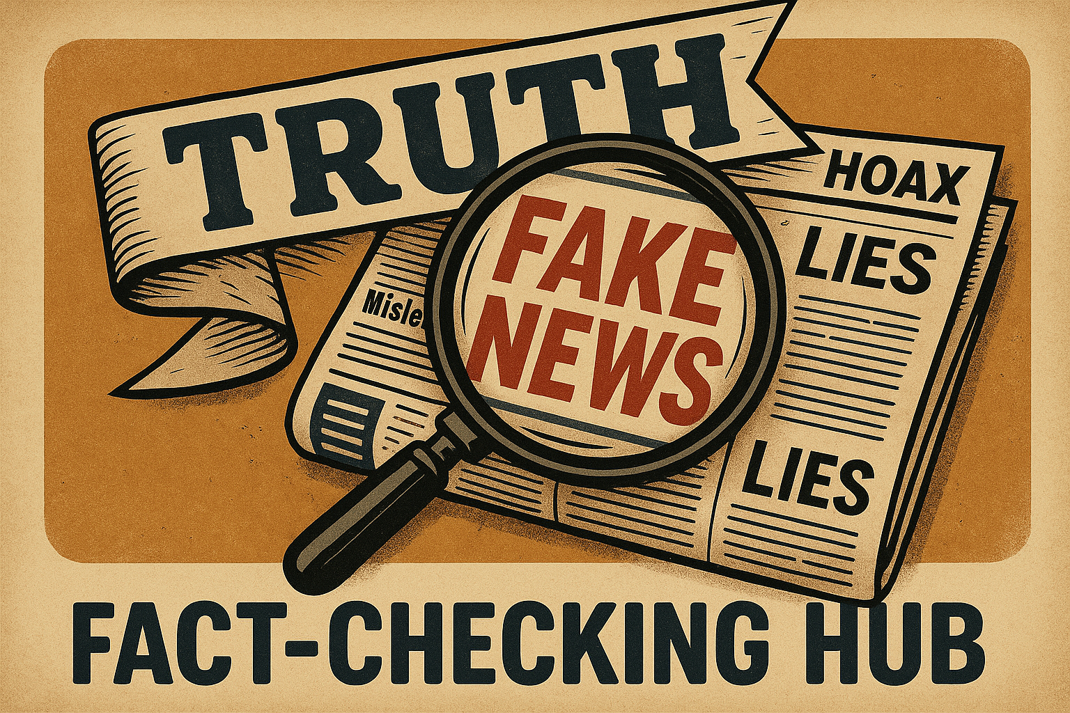 A vintage-style illustration showing the year "2025" in bold stencil type above a weathered clipboard marked "Fact Checks", with symbolic icons of scales, documents, and a magnifying glass — all set against a textured beige background.